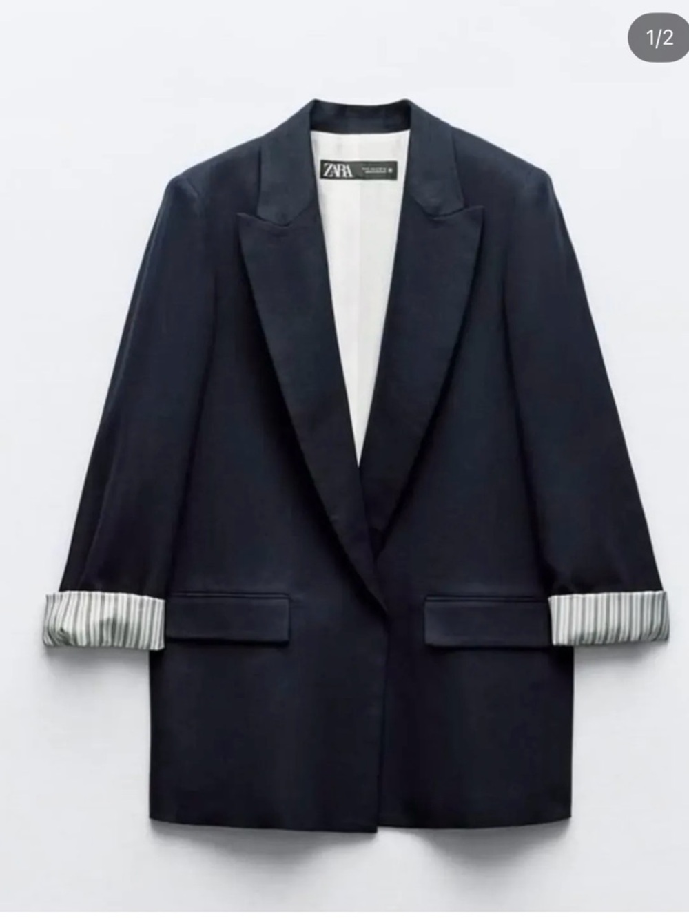 Zara Navy linen blazer with Striped Cuff Detail